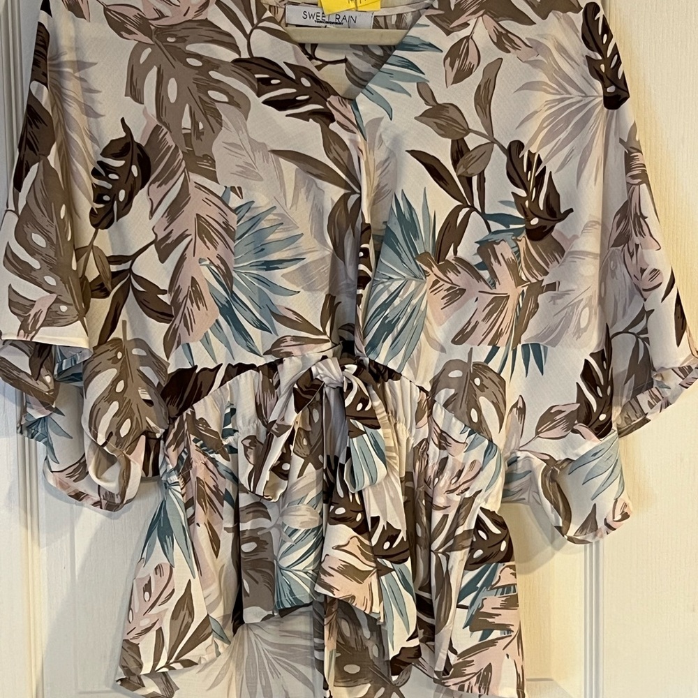 Sweet Rain Women's Tropical Leaf Blouse - Brown and Blue